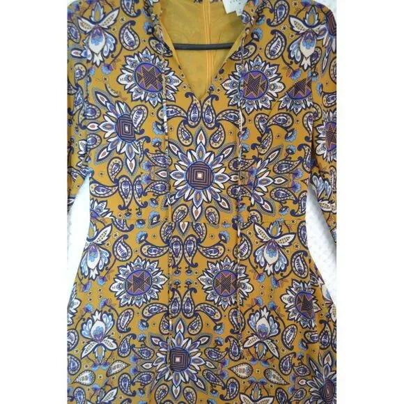 Everly Anthro Women's Small Gold Fit & Flare Long Sleeve Paisley Print Dress - Picture 7 of 16